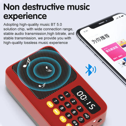 Red portable radio music player handheld rechargeable with digital fm usb and yellow buttons on black grille speaker