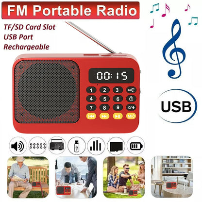 Red portable radio music player handheld rechargeable with retractable antenna and digital fm usb display showing 00:15