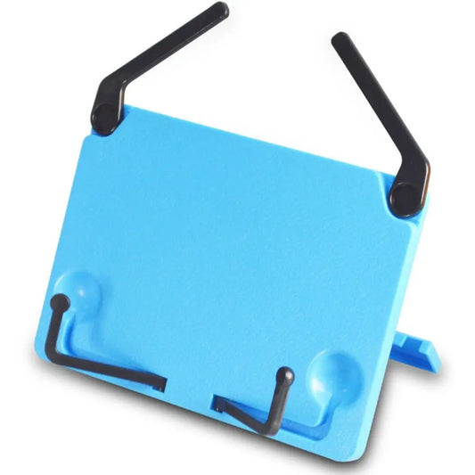 Blue plastic portable reading stand with black adjustable arms and hooks for cookbook holder organizer and music score recipe