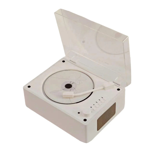 White retro cd player with transparent lid and beige speaker grille featuring built-in 2000ma lithium battery