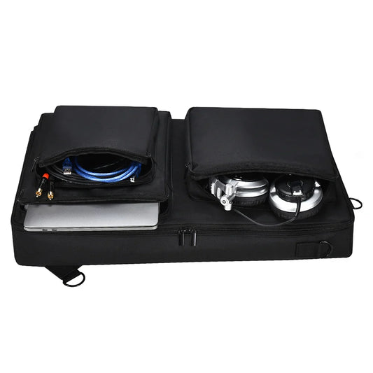 Black fabric portable shoulder bag with multiple compartments, adjustable shoulder strap, and strap dj gig features holding laptop and accessories