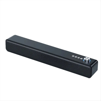 Black portable sound bar with textured grille and silver control knob wired and wireless bluetooth speaker for PC and TV use