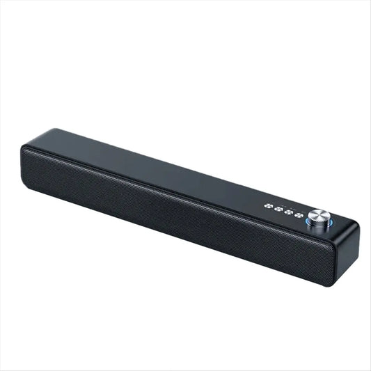 Black portable sound bar with textured grille and silver control knob wireless bluetooth speaker for pc and tv use