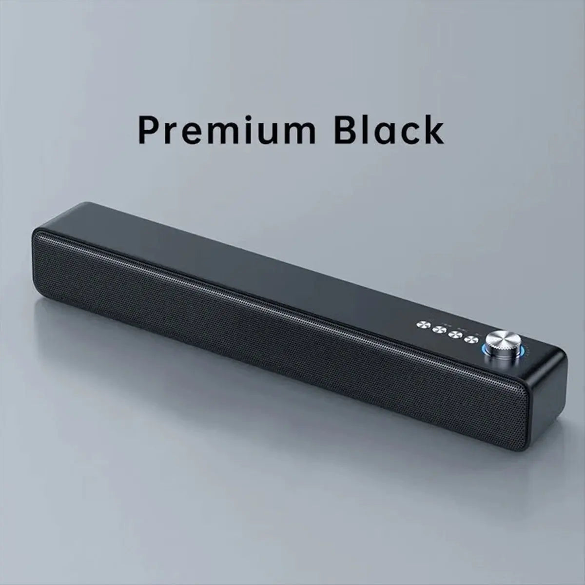 Premium black portable sound bar with textured surface and silver control knob for wireless bluetooth speaker use
