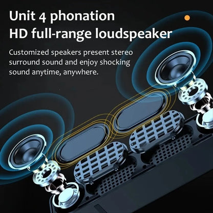 Unit 4 phonation hd full-range loudspeaker with silver and black components designed as a portable sound bar bluetooth speaker with aux for pc and tv use