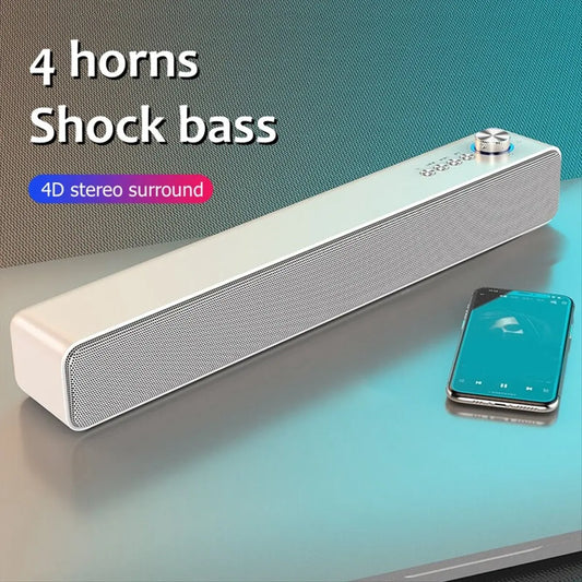 White rectangular portable sound bar with textured grille and silver knob bluetooth speaker for pc and home theater system