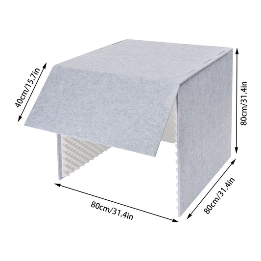 Gray fabric-covered portable sound isolation booth with open front showing internal sound-absorbing shield ridges