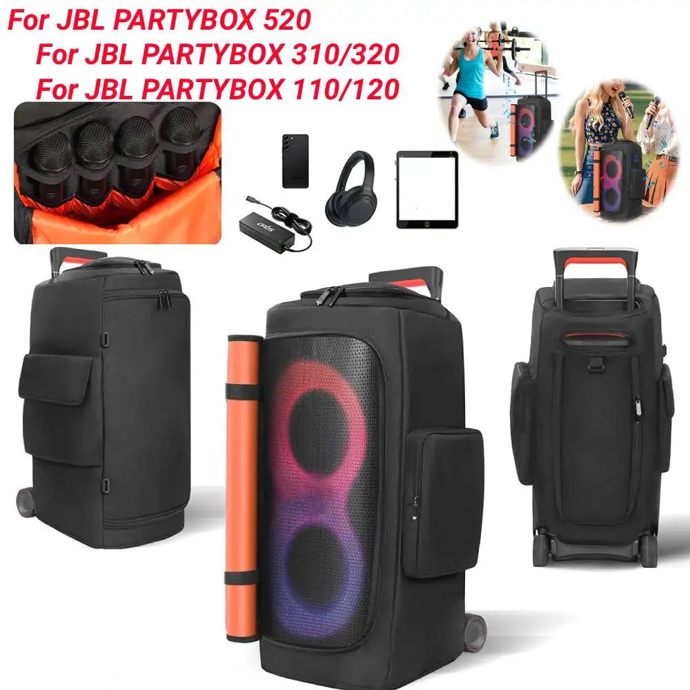 Black rolling speaker storage bag with orange accents and mesh front panel for jbl partybox speaker dust protection