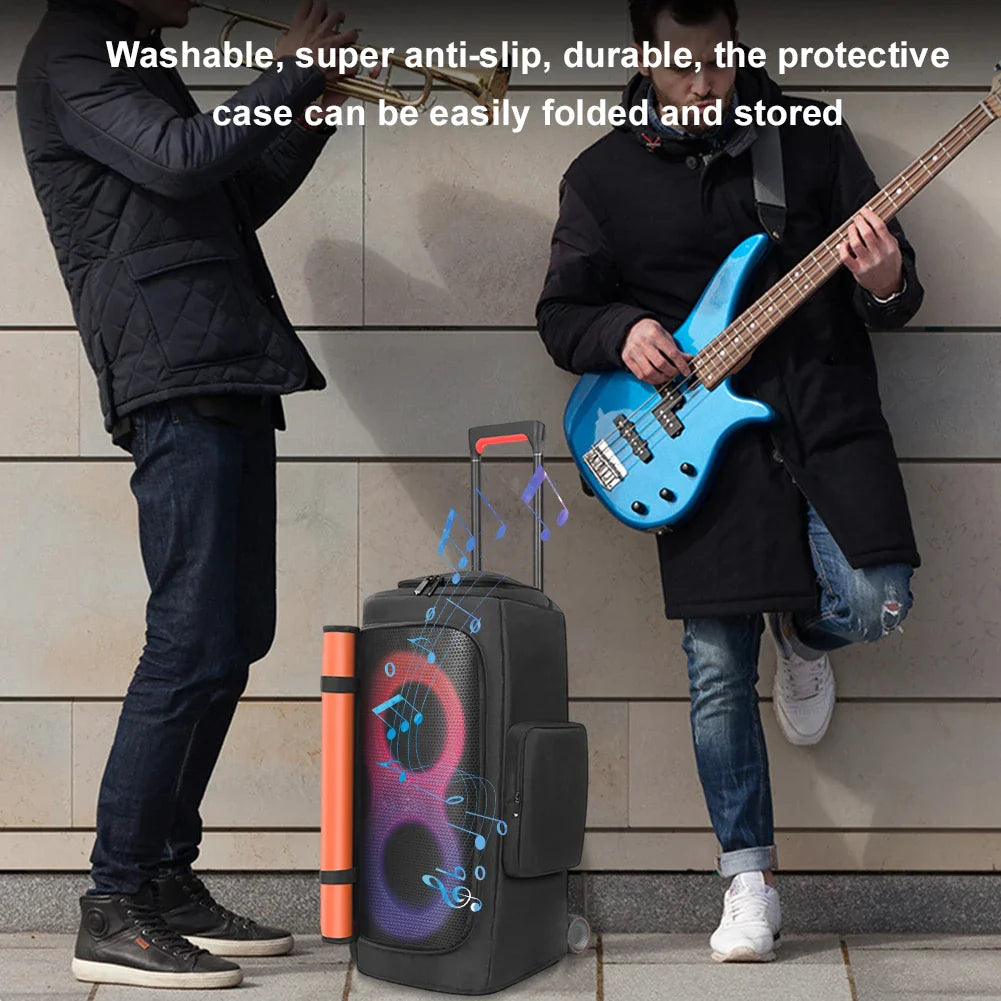 Black and orange portable speaker with vibrant led display in a speaker dust case and storage bag for JBL PartyBox