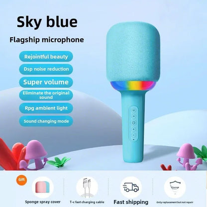 Sky blue portable speaker microphone with rainbow led colorful atmosphere light and control buttons for family singing fun