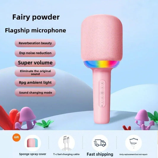 Pink portable speaker microphone with colorful atmosphere light ring and control buttons for family singing fun