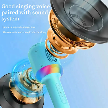 Light blue handheld portable speaker microphone with gold accents and colorful atmosphere light for family singing fun