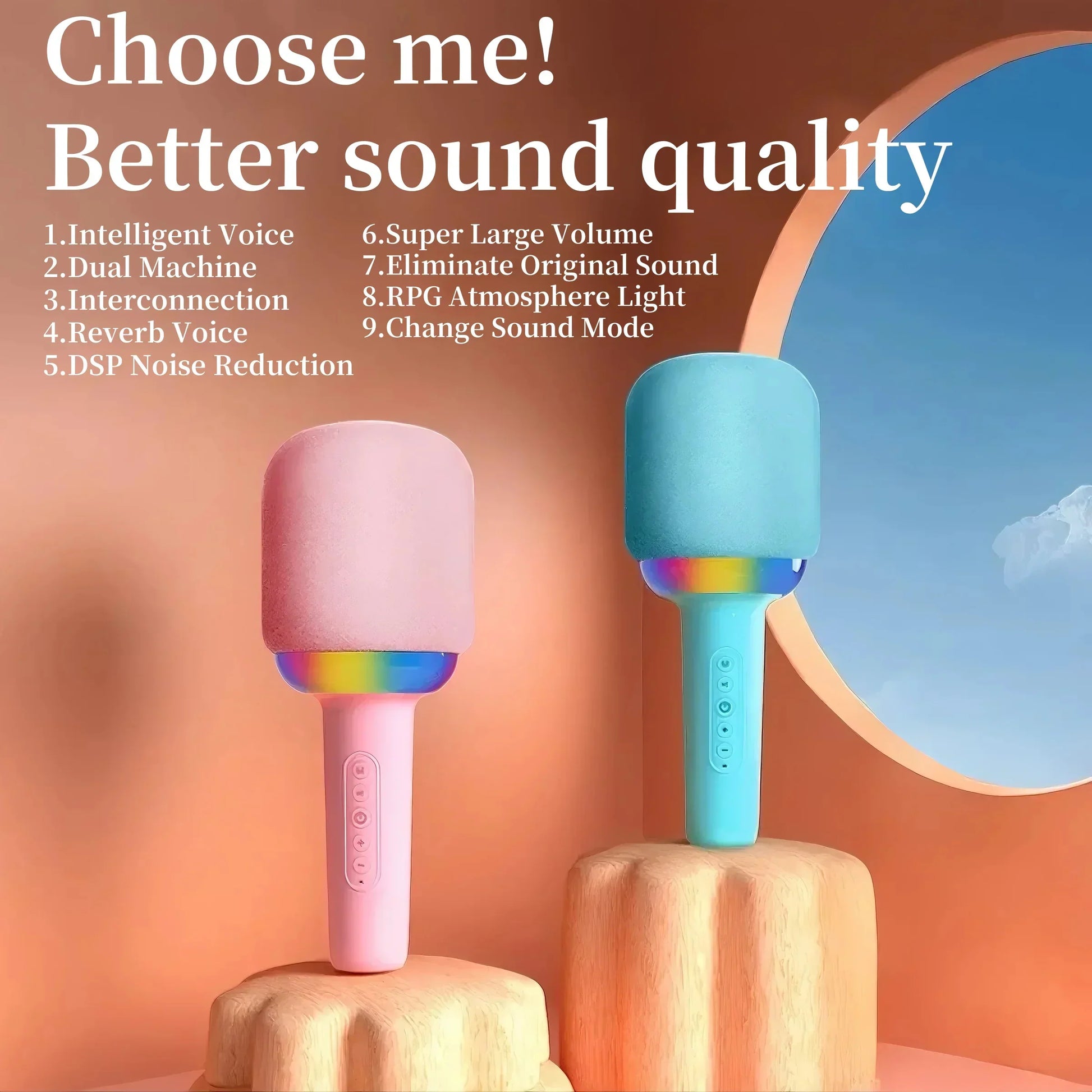 Pink and blue wireless portable speaker microphones with colorful atmosphere light for family singing fun