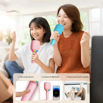 Portable speaker microphone combo with pink and blue wireless mics and colorful atmosphere light for family singing fun