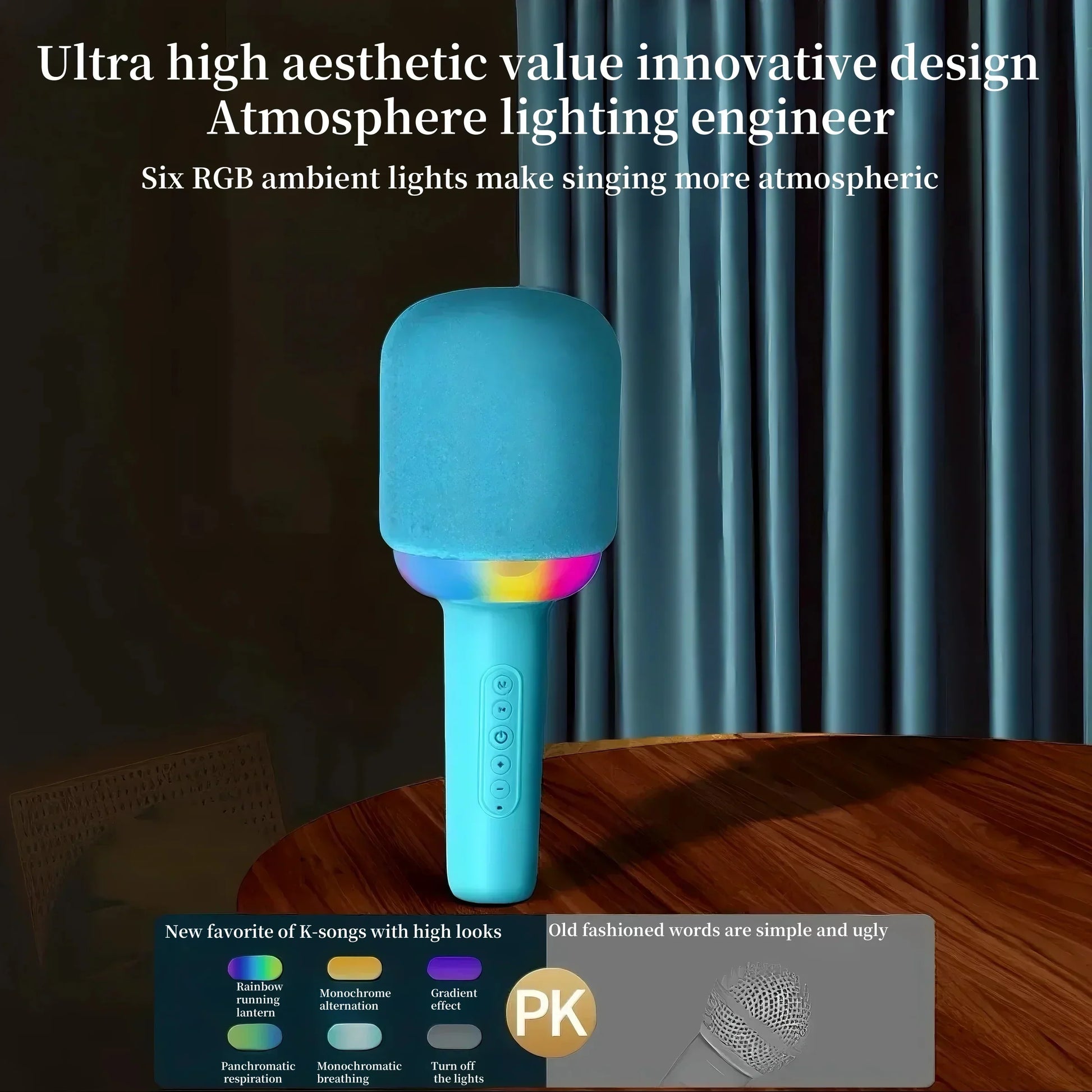 A sleek light blue portable speaker microphone with colorful atmosphere light for family singing fun and vocoder effects