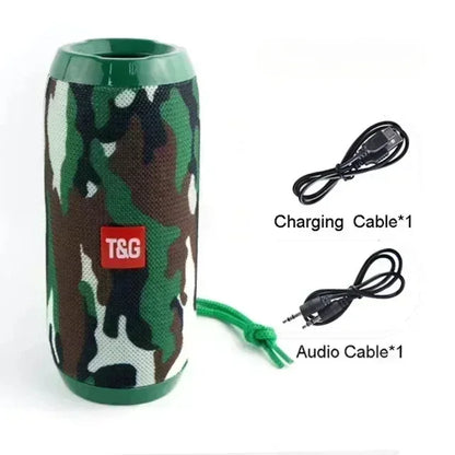 Camo-patterned portable wireless bluetooth speaker with waterproof fabric and red t&g logo supports short press and long press volume key functions