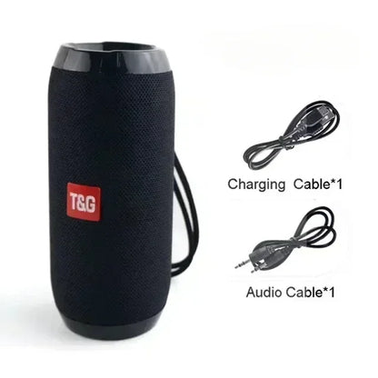 Black cylindrical portable wireless bluetooth speaker with textured fabric and glossy accents supports short press volume key long press function