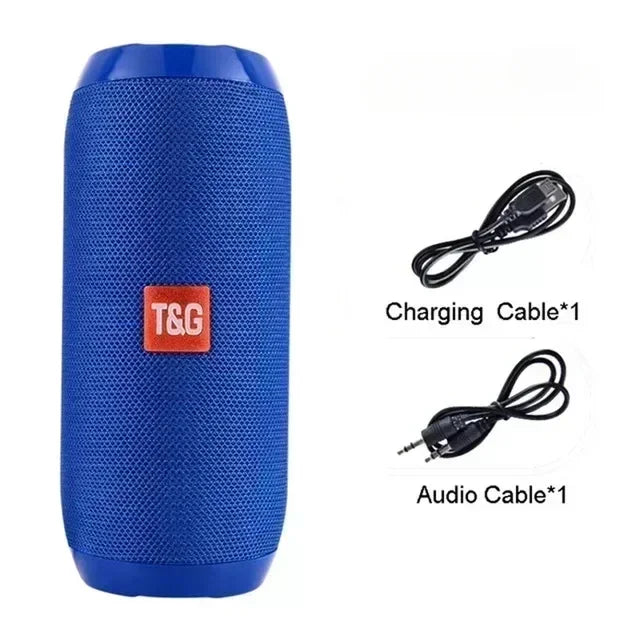 Blue t&g portable speaker with textured fabric and plastic exterior supports short press and long press volume key controls