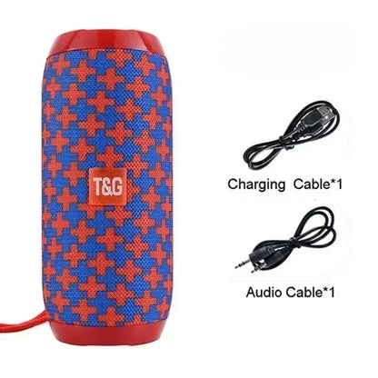 Blue and red houndstooth portable bluetooth speaker with red strap supports short press volume key and long press controls