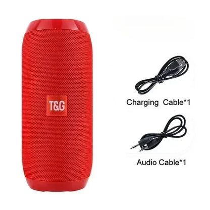 Red t&g portable wireless bluetooth speaker with textured fabric exterior features volume key for short press and long press