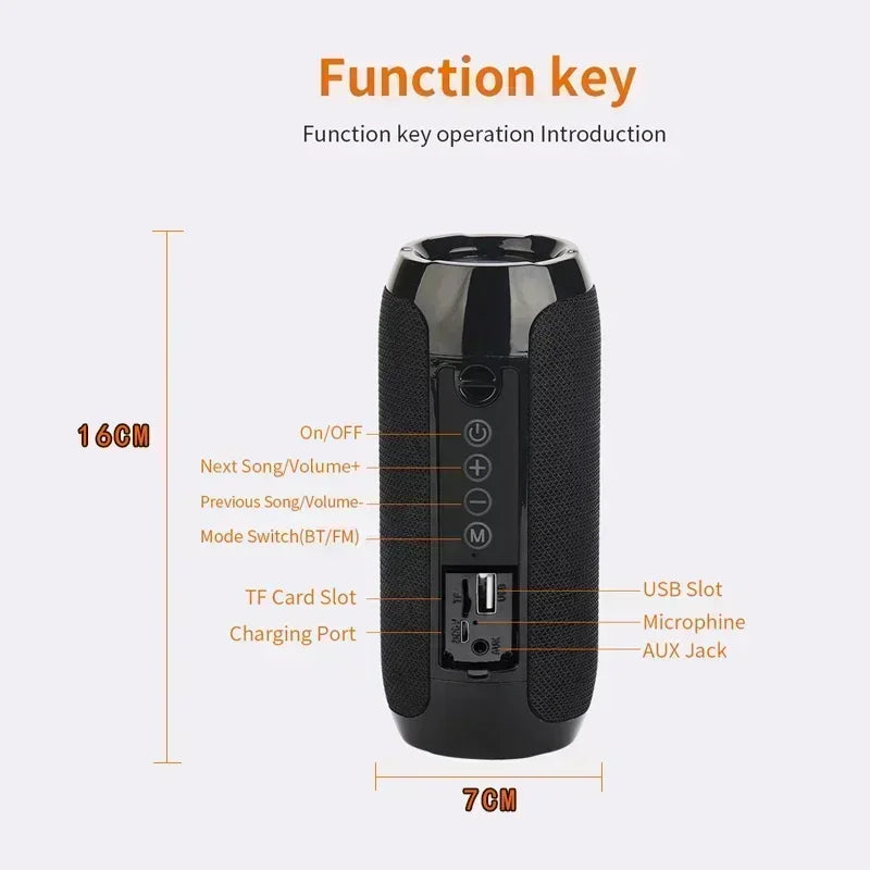Black cylindrical portable speaker with textured fabric body glossy top volume key supports short press long press functions
