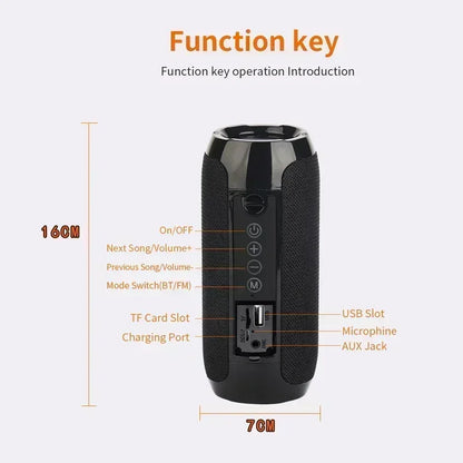 Black cylindrical portable speaker with textured fabric body and glossy top featuring subwoofer outdoor waterproof design and stereo surround support