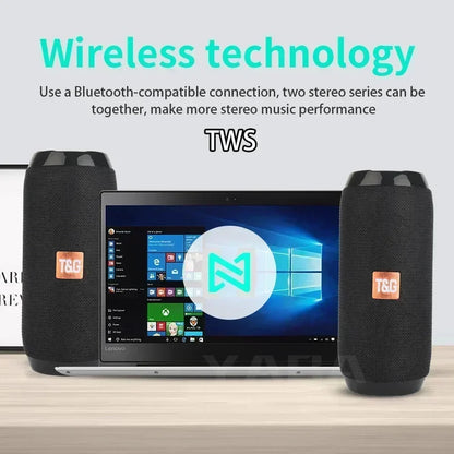 Black fabric-wrapped tsg wireless bluetooth speaker with orange logo patch supports short press volume key and long press functions