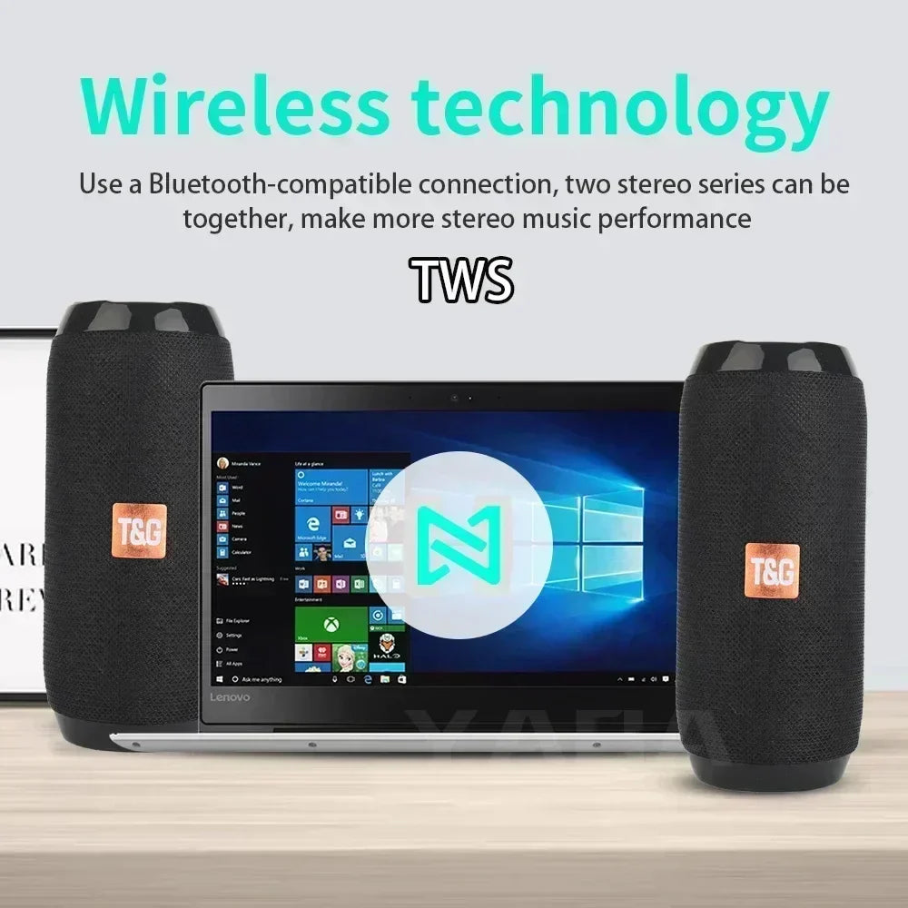 Black textured fabric tsg wireless bluetooth subwoofer outdoor waterproof loudspeaker with orange logo badge