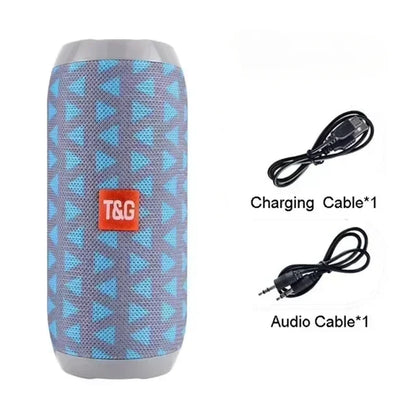 Blue and gray patterned t&g portable speaker with mesh fabric exterior subwoofer outdoor waterproof stereo surround support