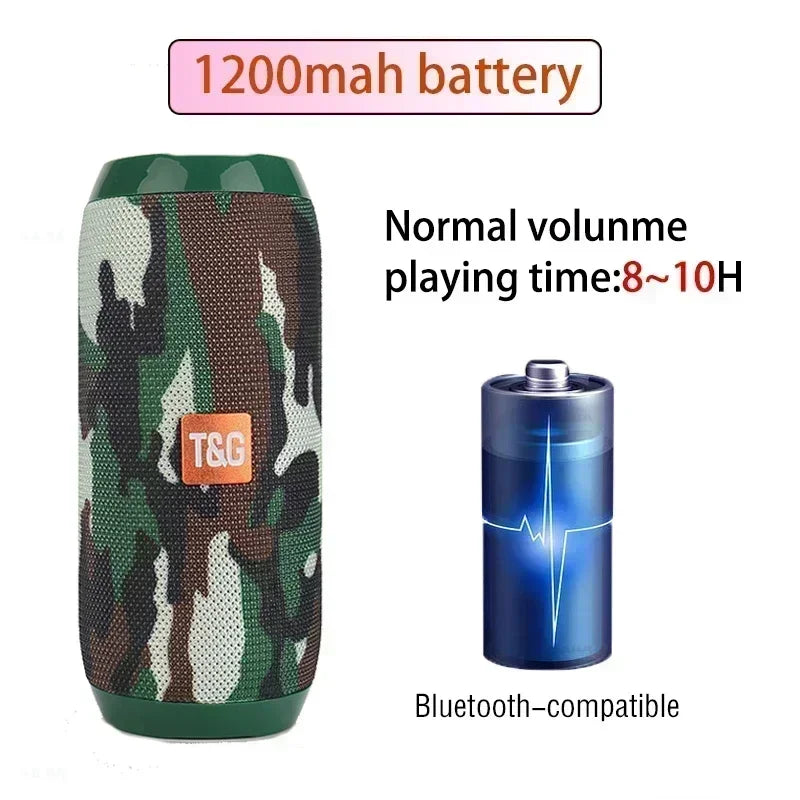 Camouflage portable bluetooth speaker with green brown and white design supports short press and long press volume key functions