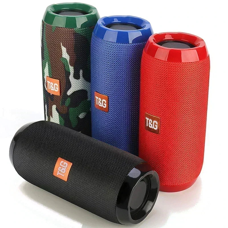 Four cylindrical portable bluetooth speakers in camouflage blue red and black mesh with volume key short press and long press features