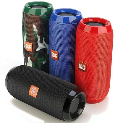 Four cylindrical portable bluetooth speakers in camouflage blue red and black mesh with volume key short press and long press features
