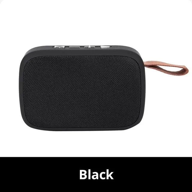 Black rectangular portable mini oxford loudspeaker with textured fabric grille and rose gold strap for 3d stereo sound