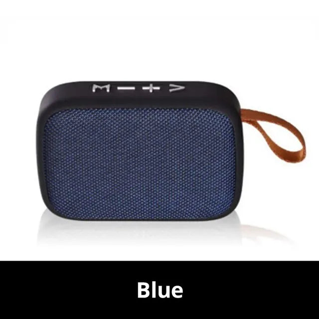 Blue fabric-covered portable mini oxford loudspeaker with black trim and brown leather strap for player surround hifi sound