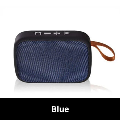 Blue fabric-covered portable mini oxford loudspeaker with black trim and brown leather strap for player surround hifi sound