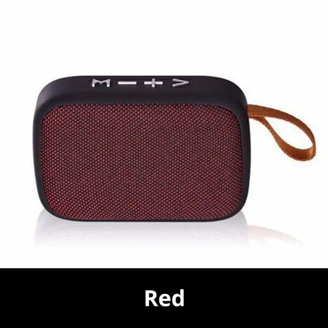 Red fabric-covered portable mini oxford loudspeaker with black trim and brown leather strap for player surround hifi sound