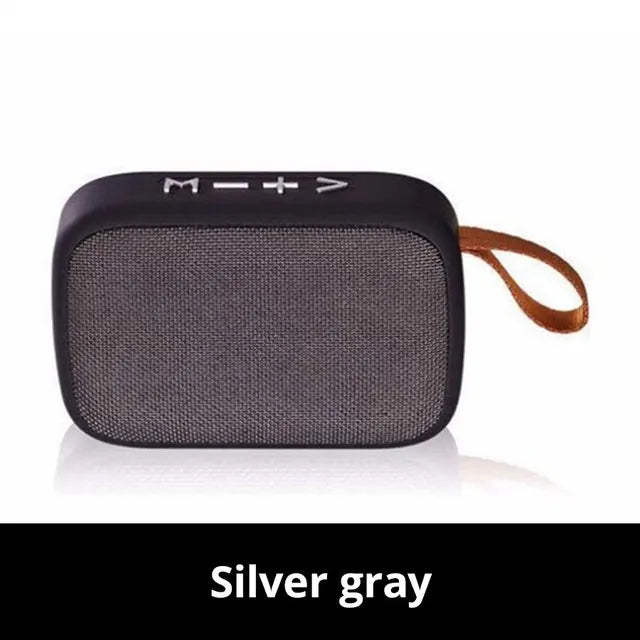 Black portable mini oxford loudspeaker with textured silver gray fabric grille and brown leather strap for player surround hifi use