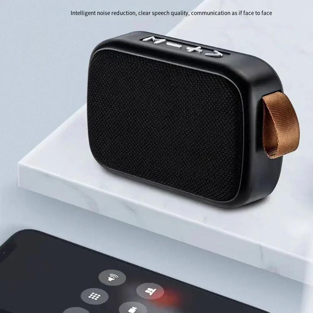 Black mini oxford loudspeaker portable speaker with column 3d stereo, player surround hifi sound and brown strap