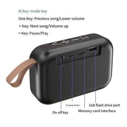 Black portable mini oxford loudspeaker with tan fabric strap and multiple ports for player surround hifi sound box
