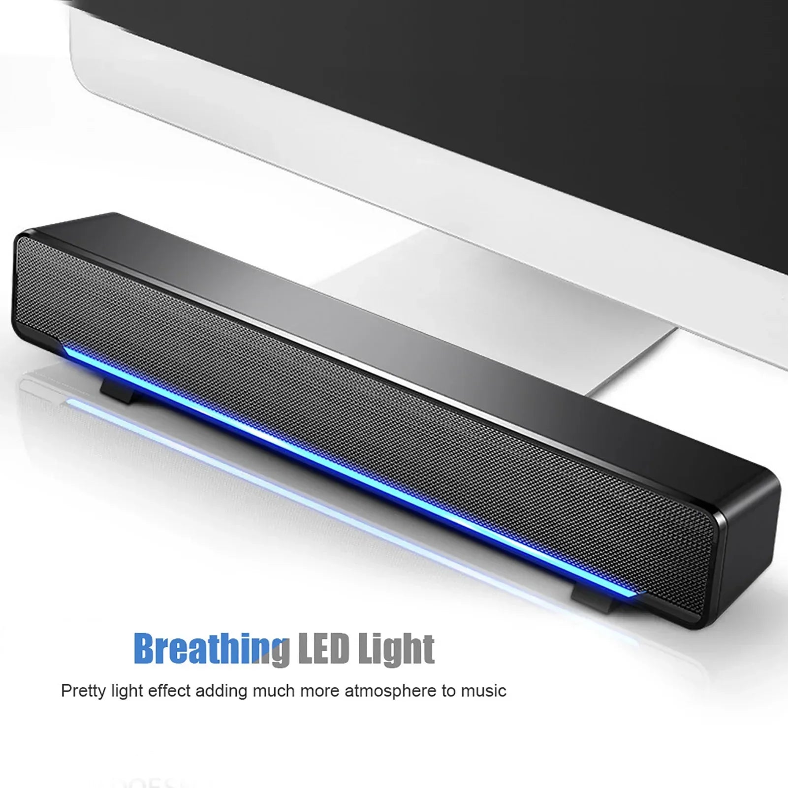Black rectangular portable stereo soundbar with textured grille glowing blue led for laptop home theater 3.5mm input surround sound box