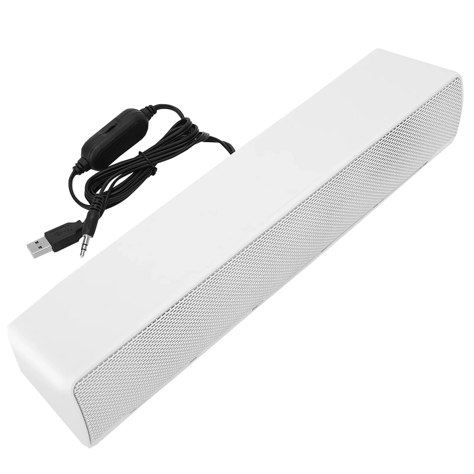 White rectangular portable stereo soundbar with textured grille and black usb-a to 3.5mm input cable for laptop home theater surround sound box