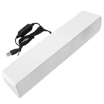 White rectangular portable stereo soundbar with textured grille and black usb-a to 3.5mm input cable for laptop home theater surround sound box