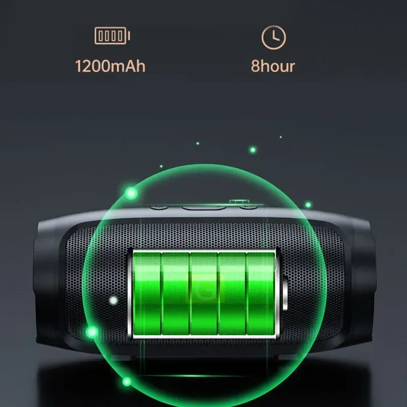 Black portable subwoofer bluetooth speaker with mesh grille and green battery indicator for outdoor stereo surround use