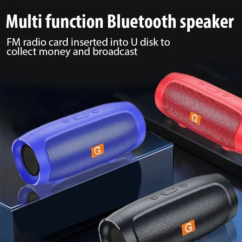 Portable subwoofer bluetooth speakers in blue red and black with mesh grilles and orange g logos for outdoor use