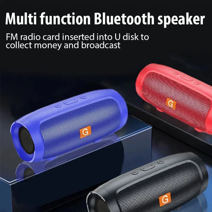 Portable subwoofer bluetooth speakers in blue red and black with mesh grilles and orange g logos for outdoor use