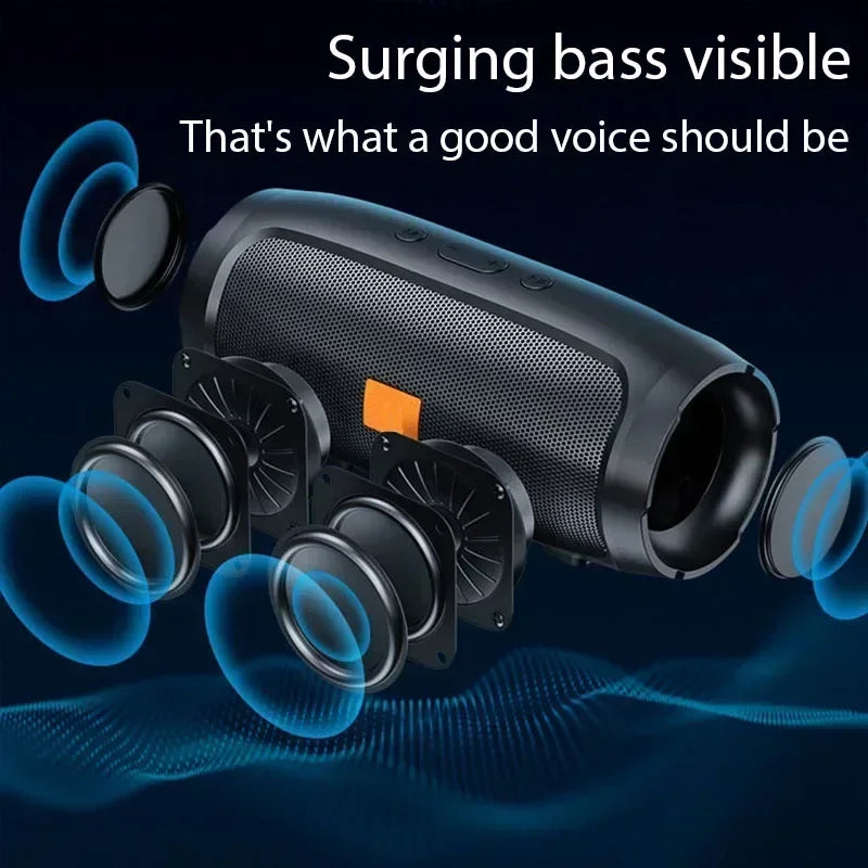 Black portable subwoofer bluetooth speaker with textured grille and orange accent button for outdoor stereo surround use