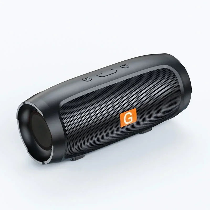 Black cylindrical portable subwoofer bluetooth speaker with perforated grille and orange logo for bluetooth speakers outdoor use