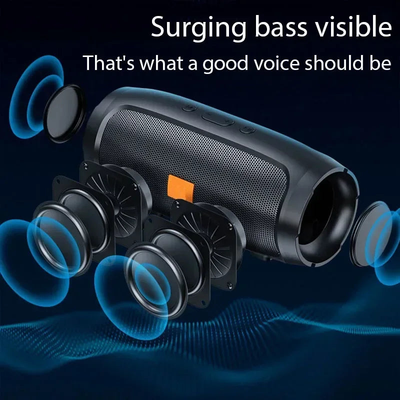 Black portable subwoofer bluetooth speaker with textured grille orange power button multiple drivers for outdoor stereo surround waterproof loudspeaker wireless use