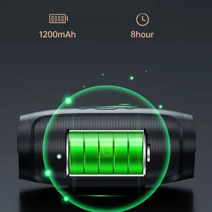 Black portable subwoofer bluetooth speaker with mesh grille and green battery indicator for outdoor use