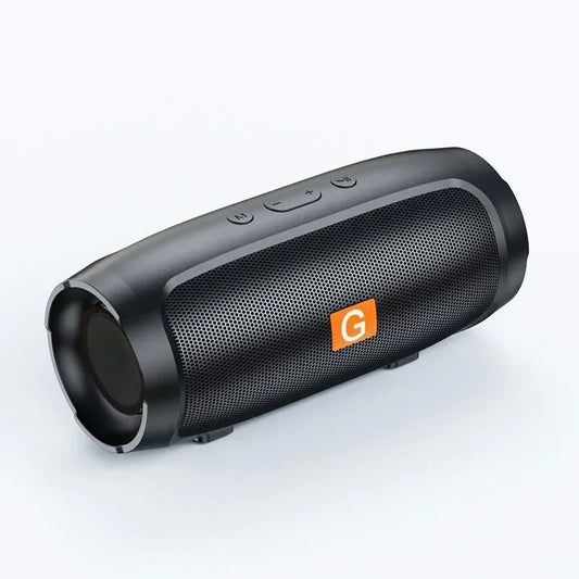 Black cylindrical portable subwoofer bluetooth speaker with perforated grille and orange logo for outdoor stereo surround use